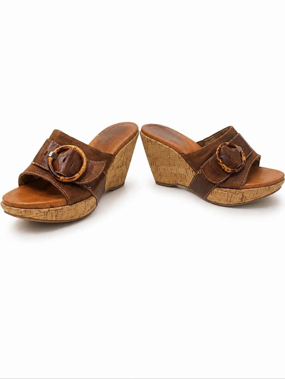 Naya Brown Leather Cork Wedge Slide Sandals Buckle Size 6M